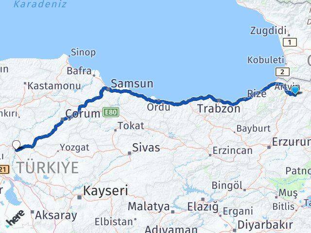 Artvin Ardanuç Kırıkkale Arası Kaç Km - Yol Haritası