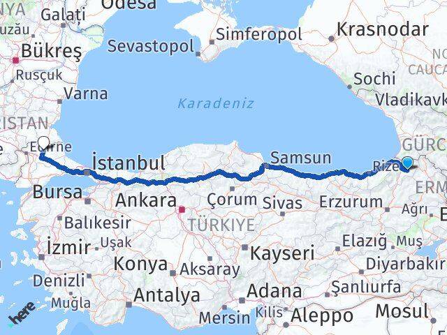 Artvin Ardanuç Kırklareli Arası Kaç Km - Yol Haritası