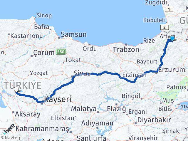 Artvin Ardanuç Kırşehir Arası Kaç Km - Yol Haritası