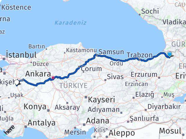 Artvin Ardanuç Kütahya Arası Kaç Km - Yol Haritası