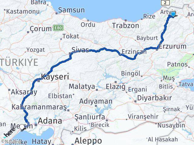 Artvin Ardanuç Mersin Arası Kaç Km - Yol Haritası