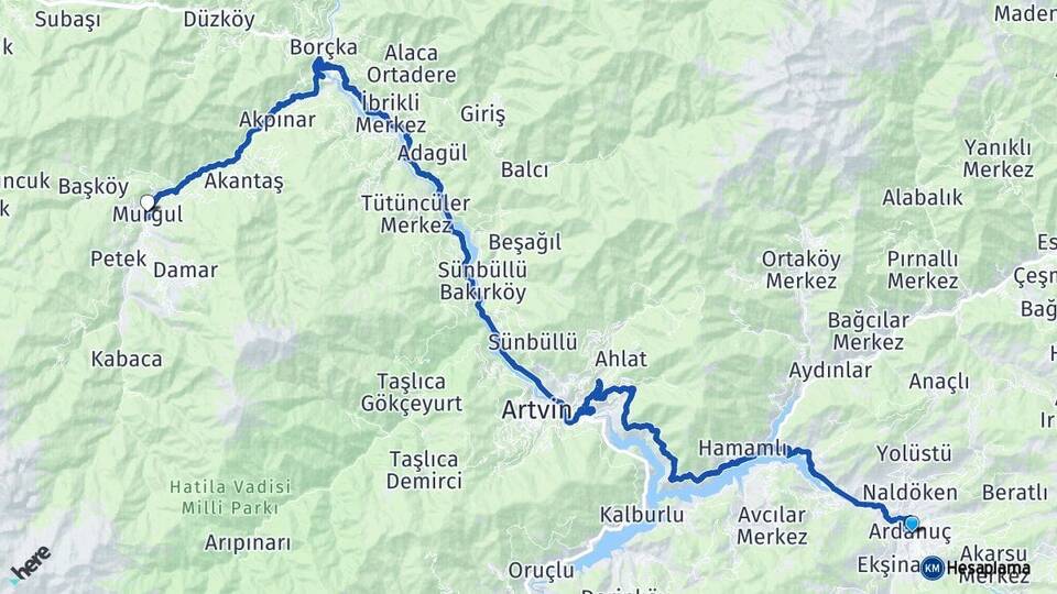 Artvin Ardanuç Murgul Arası Kaç Km - Yol Haritası