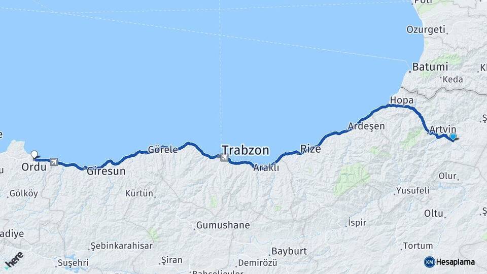 Artvin Ardanuç Ordu Arası Kaç Km - Yol Haritası