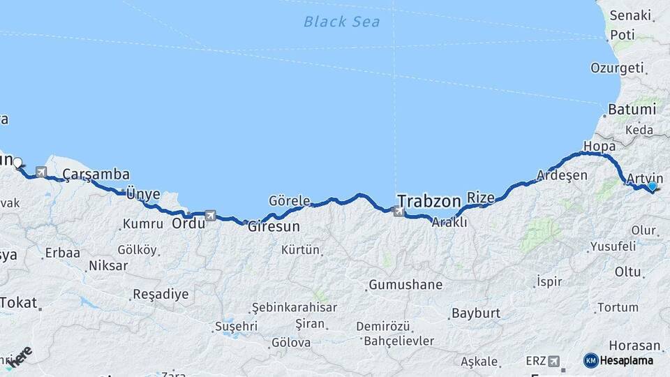 Artvin Ardanuç Samsun Arası Kaç Km - Yol Haritası