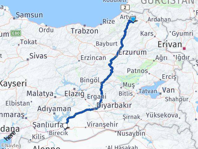Artvin Ardanuç Şanlıurfa Arası Kaç Km - Yol Haritası