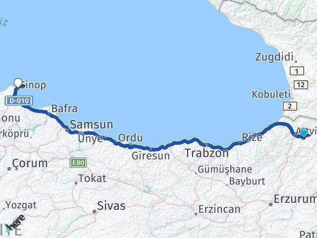 Artvin Ardanuç Sinop Arası Kaç Km - Yol Haritası