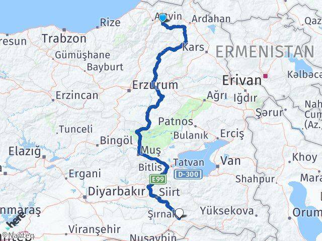 Artvin Ardanuç Şırnak Arası Kaç Km - Yol Haritası