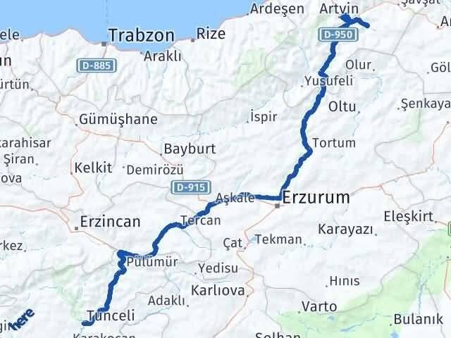 Artvin Ardanuç Tunceli Arası Kaç Km - Yol Haritası