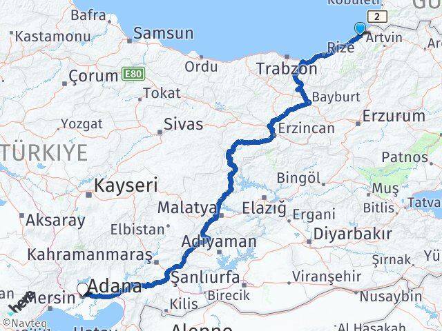 Artvin Arhavi Adana Arası Kaç Km - Yol Haritası