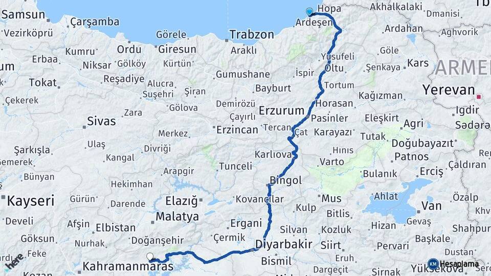 Artvin Arhavi Adıyaman Arası Kaç Km - Yol Haritası