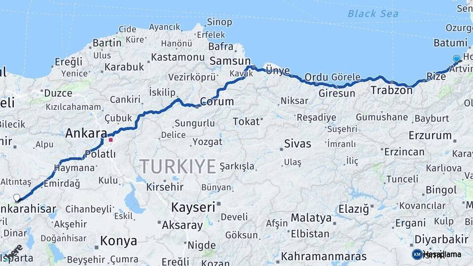 Artvin Arhavi Afyonkarahisar Arası Kaç Km - Yol Haritası