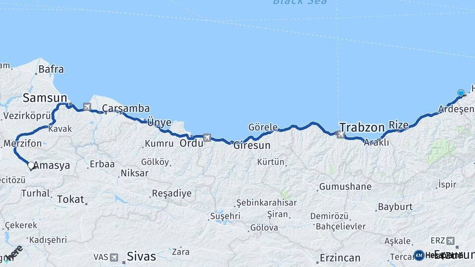 Artvin Arhavi Amasya Arası Kaç Km - Yol Haritası