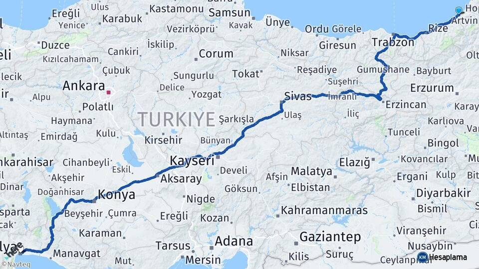 Artvin Arhavi Antalya Arası Kaç Km - Yol Haritası