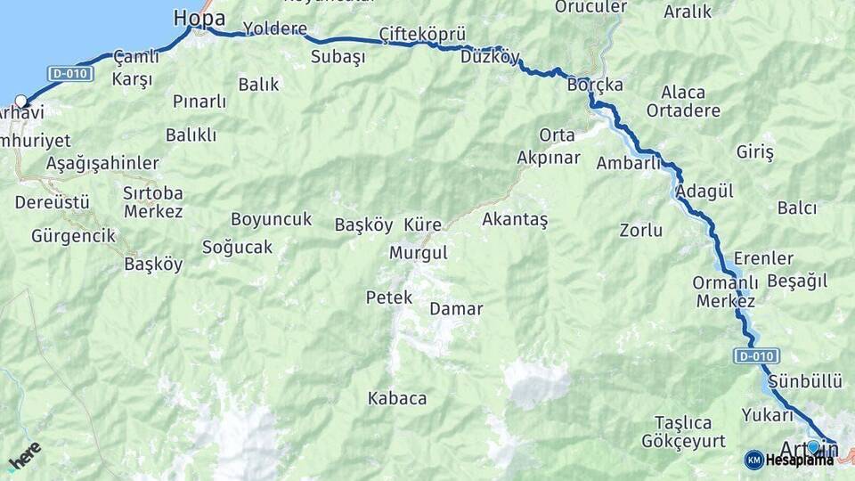 Artvin Arhavi Arası Kaç Km - Yol Haritası