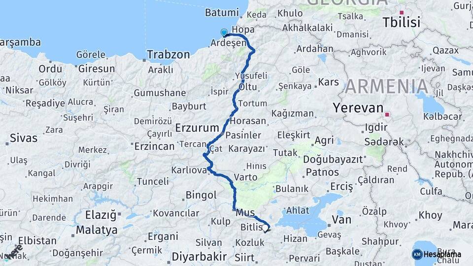 Artvin Arhavi Bitlis Arası Kaç Km - Yol Haritası