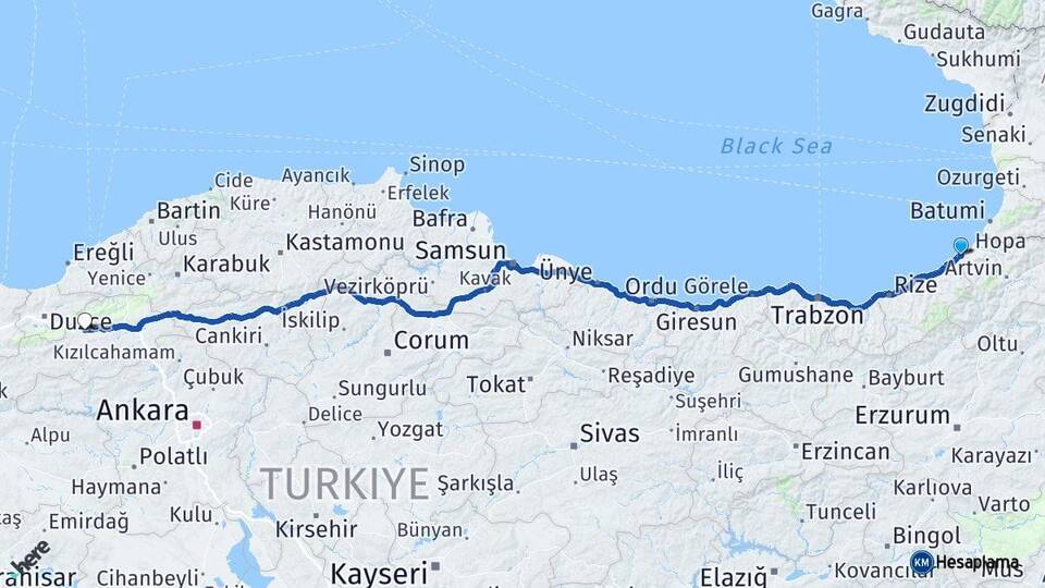 Artvin Arhavi Bolu Arası Kaç Km - Yol Haritası