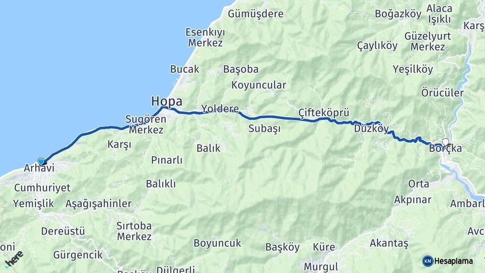Artvin Arhavi Borçka Arası Kaç Km - Yol Haritası