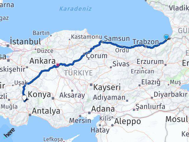 Artvin Arhavi Burdur Arası Kaç Km - Yol Haritası