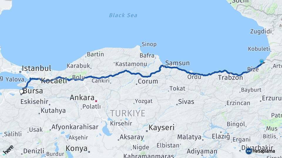 Artvin Arhavi Bursa Arası Kaç Km - Yol Haritası
