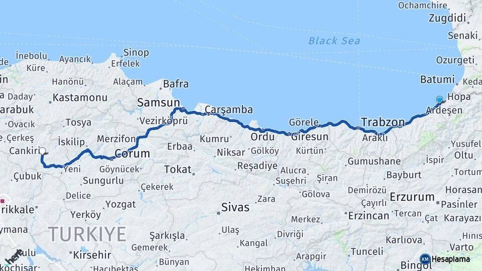 Artvin Arhavi Çankırı Arası Kaç Km - Yol Haritası