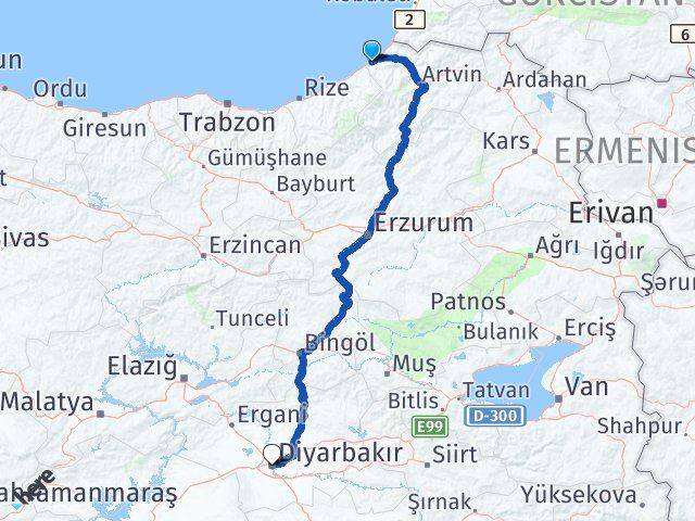 Artvin Arhavi Diyarbakır Arası Kaç Km - Yol Haritası