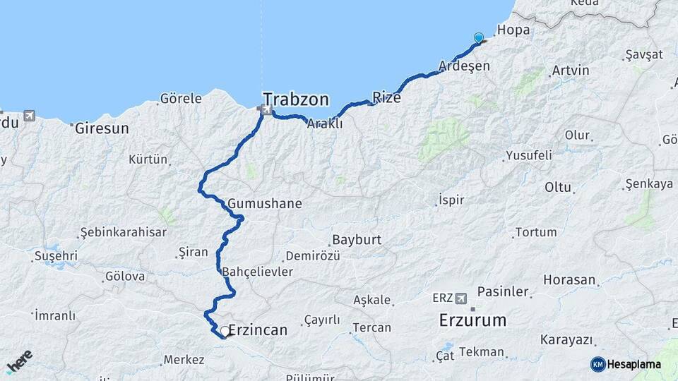 Artvin Arhavi Erzincan Arası Kaç Km - Yol Haritası