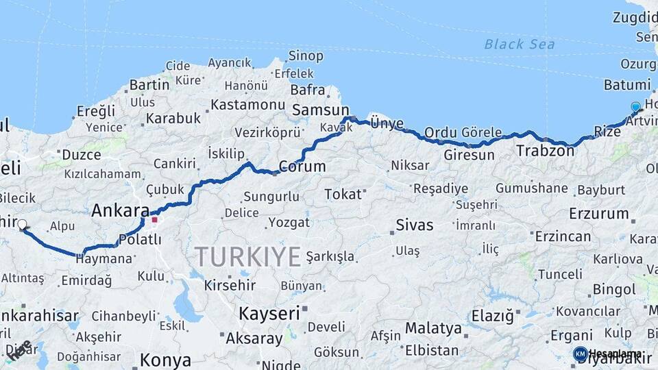 Artvin Arhavi Eskişehir Arası Kaç Km - Yol Haritası