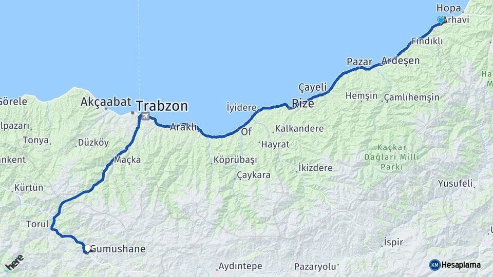 Artvin Arhavi Gümüşhane Arası Kaç Km - Yol Haritası