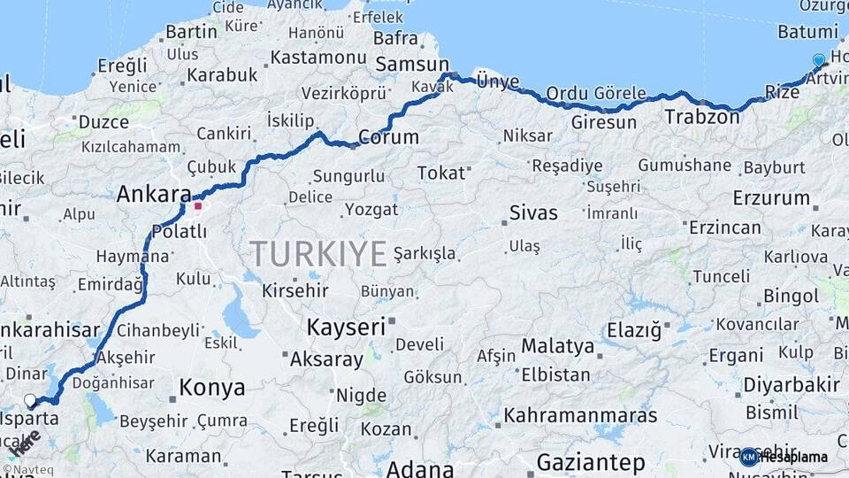 Artvin Arhavi Isparta Arası Kaç Km - Yol Haritası