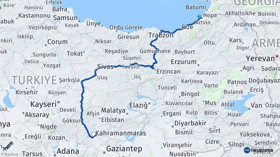 Artvin Arhavi Kahramanmaraş Arası Kaç Km - Yol Haritası