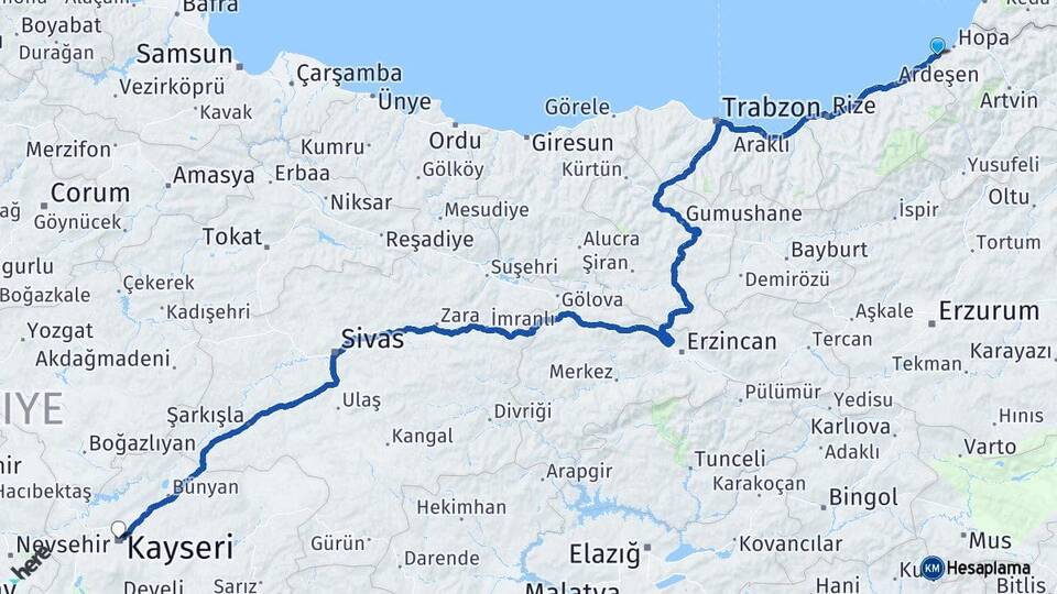 Artvin Arhavi Kayseri Arası Kaç Km - Yol Haritası