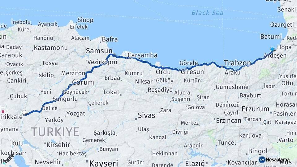 Artvin Arhavi Kırıkkale Arası Kaç Km - Yol Haritası
