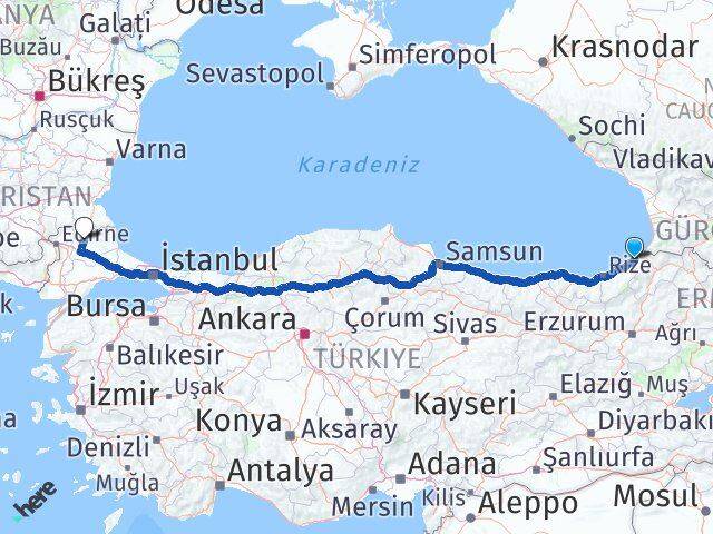 Artvin Arhavi Kırklareli Arası Kaç Km - Yol Haritası