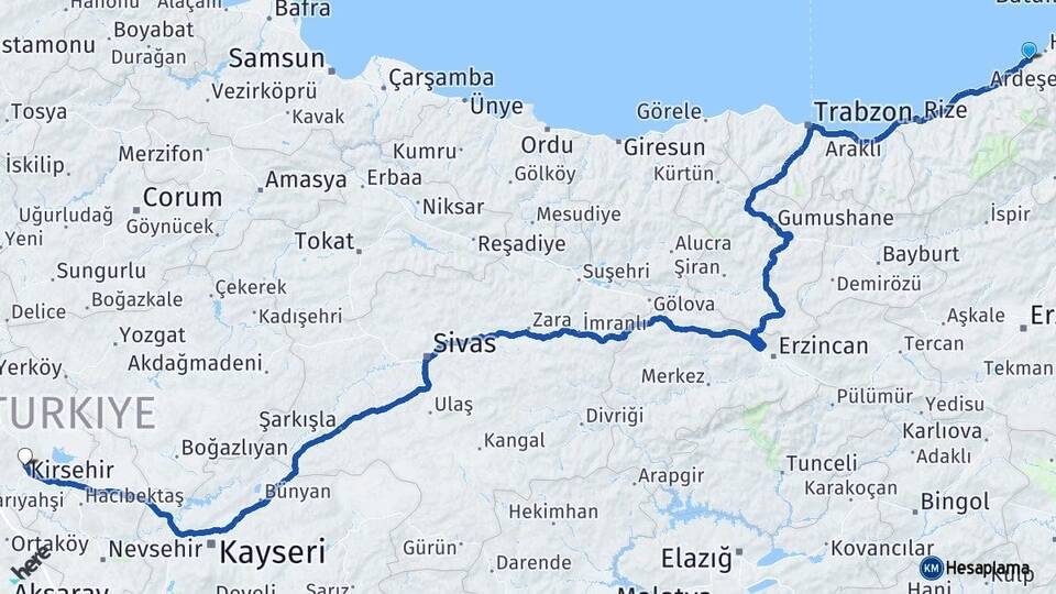 Artvin Arhavi Kırşehir Arası Kaç Km - Yol Haritası