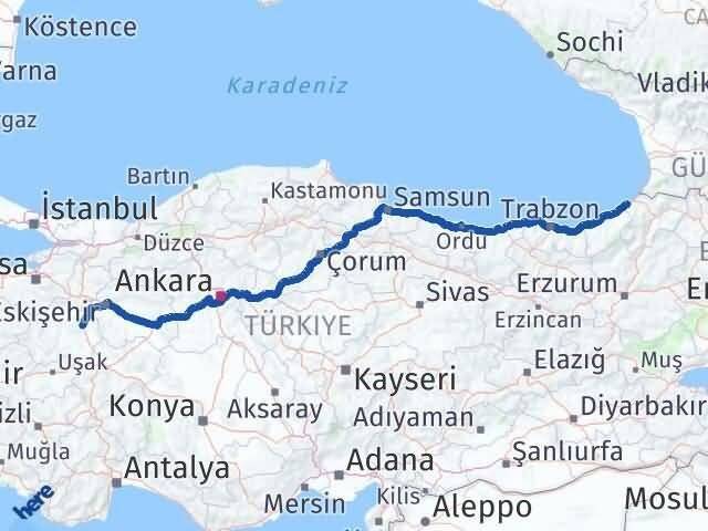 Artvin Arhavi Kütahya Arası Kaç Km - Yol Haritası