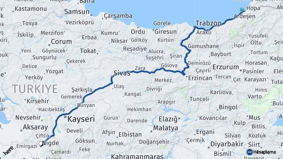 Artvin Arhavi Niğde Arası Kaç Km - Yol Haritası