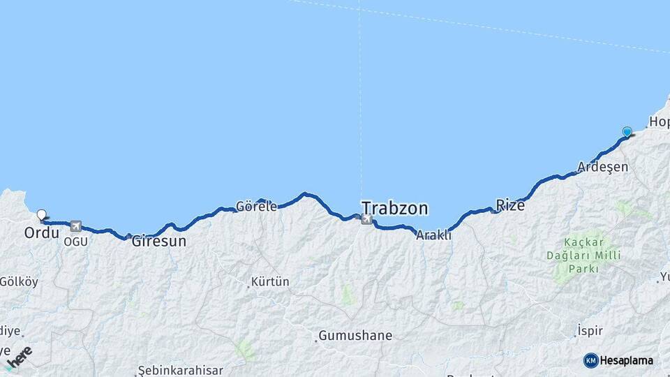 Artvin Arhavi Ordu Arası Kaç Km - Yol Haritası