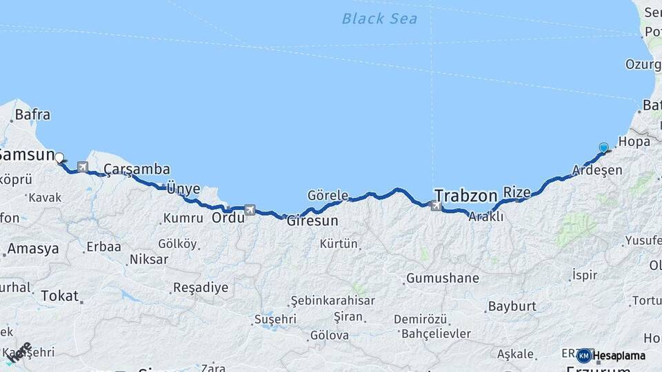Artvin Arhavi Samsun Arası Kaç Km - Yol Haritası