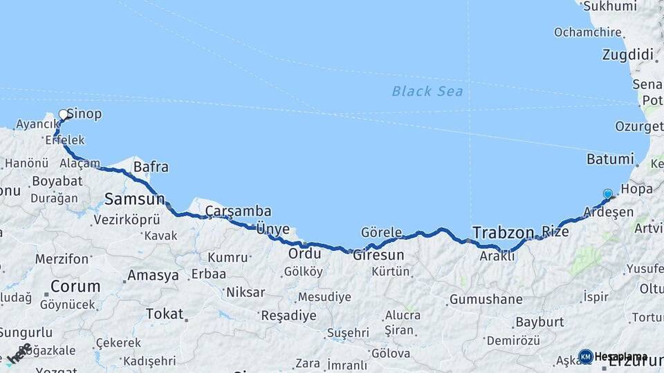 Artvin Arhavi Sinop Arası Kaç Km - Yol Haritası