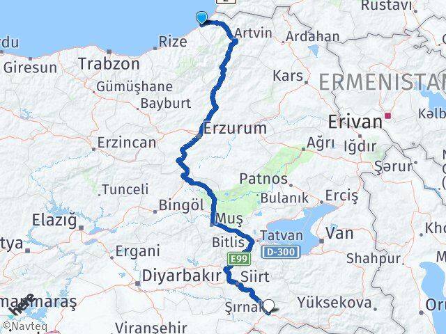 Artvin Arhavi Şırnak Arası Kaç Km - Yol Haritası