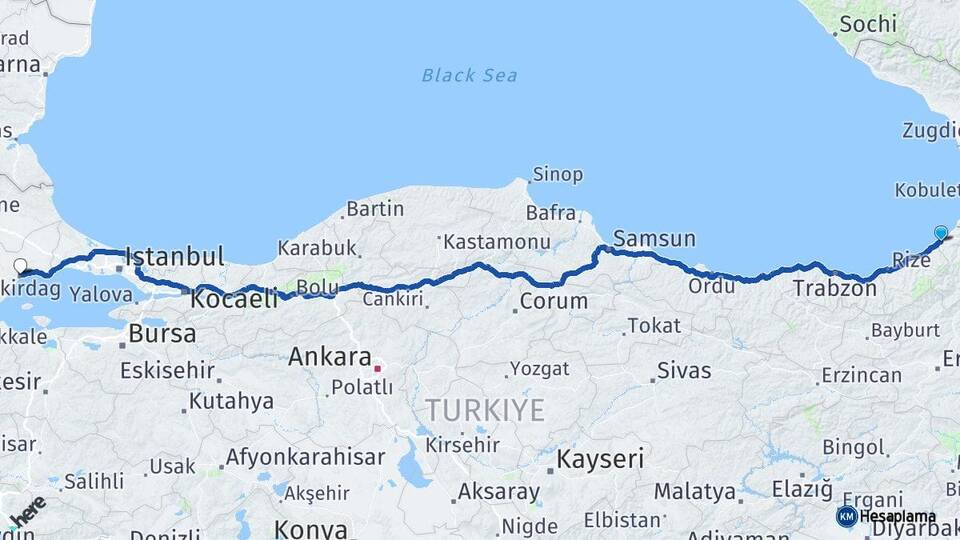 Artvin Arhavi Tekirdağ Arası Kaç Km - Yol Haritası