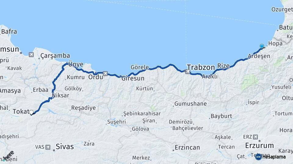 Artvin Arhavi Tokat Arası Kaç Km - Yol Haritası