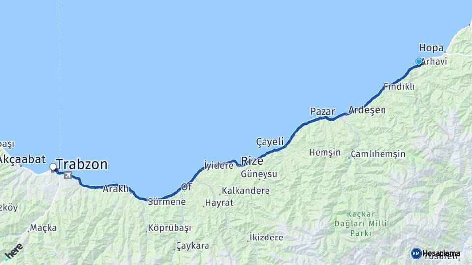 Artvin Arhavi Trabzon Arası Kaç Km - Yol Haritası