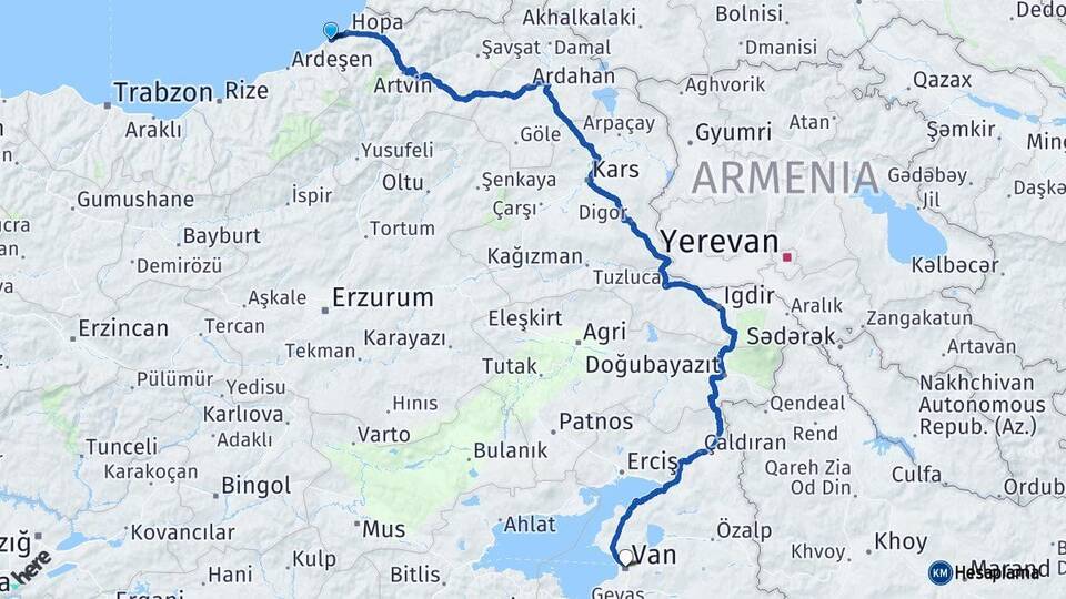 Artvin Arhavi Van Arası Kaç Km - Yol Haritası