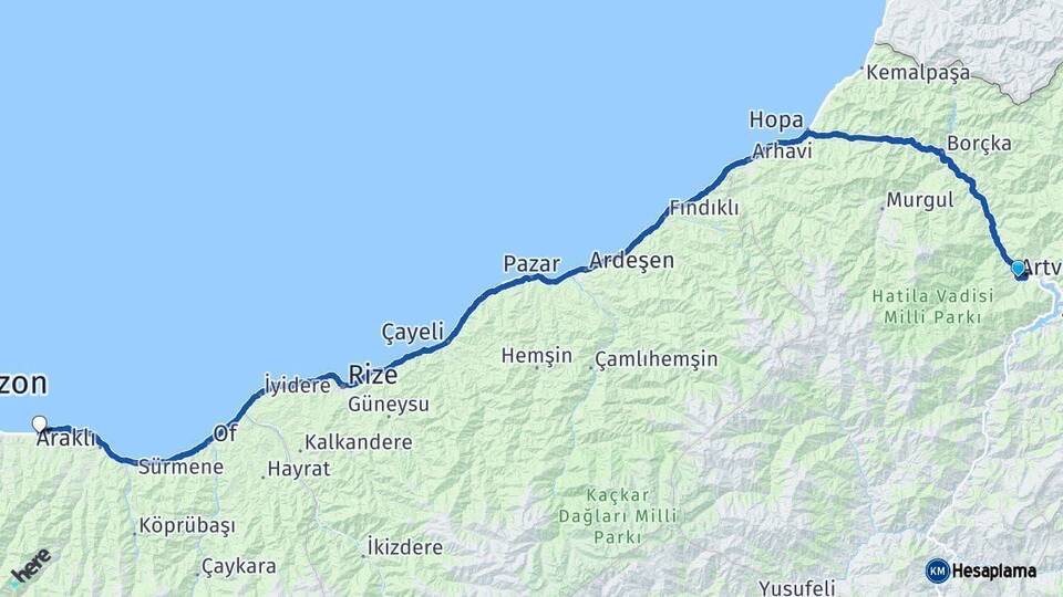 Artvin Arsin Trabzon Arası Kaç Km - Yol Haritası