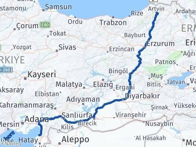 Artvin Arsuz Hatay Arası Kaç Km - Yol Haritası