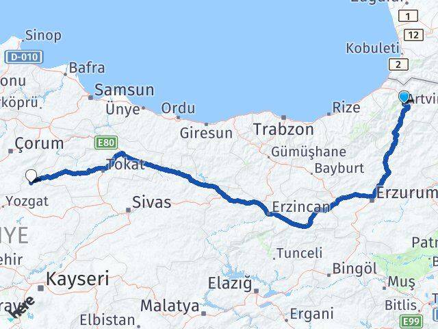 Artvin Aydıncık Yozgat Arası Kaç Km - Yol Haritası