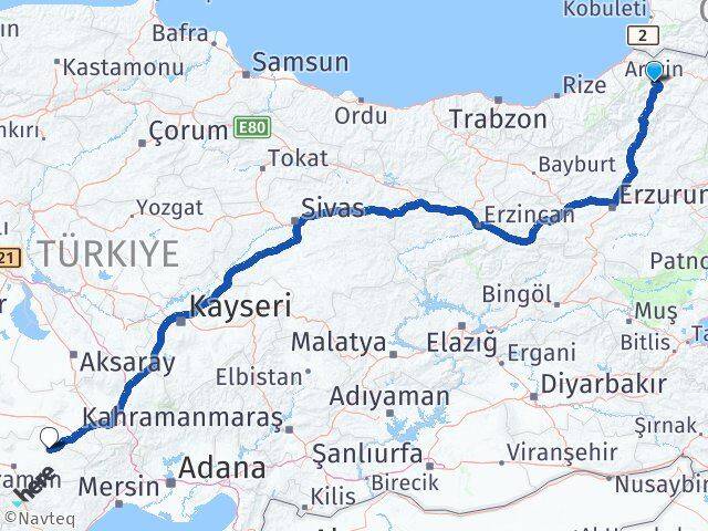 Artvin Ayrancı Karaman Arası Kaç Km - Yol Haritası