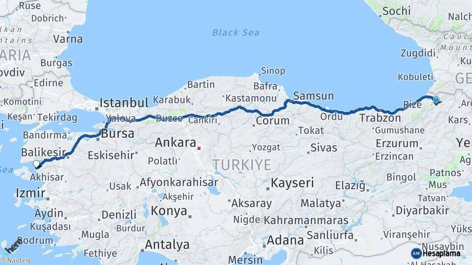 Artvin Ayvalık Balıkesir Arası Kaç Km - Yol Haritası