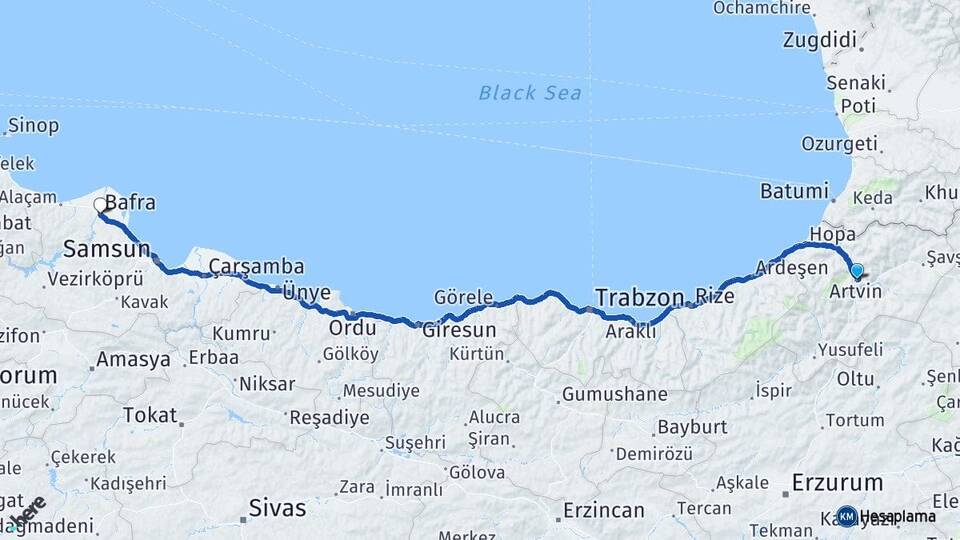 Artvin Bafra Samsun Arası Kaç Km - Yol Haritası